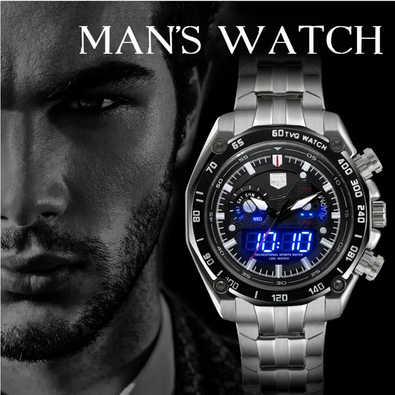 

2020 New TVG Mens Watches Top Brand Luxury Full Steel Blue Led Digital Analog Quartz Watch Mens Sport Watches mannen horloge