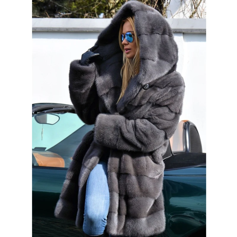 2022 Fashion Natural Mink Fur Coat With Hood Women Winter Wholeskin Real Mink Fur Coats High Quality Full Pelt Fur Jacket Woman