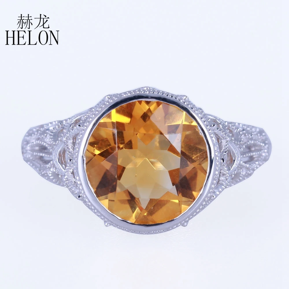 

HELON Solid 14K White Gold Flawless 10mm Round Natural Citrine & Diamonds Engagement Ring For Women Vintage Unique Fine Jewelry