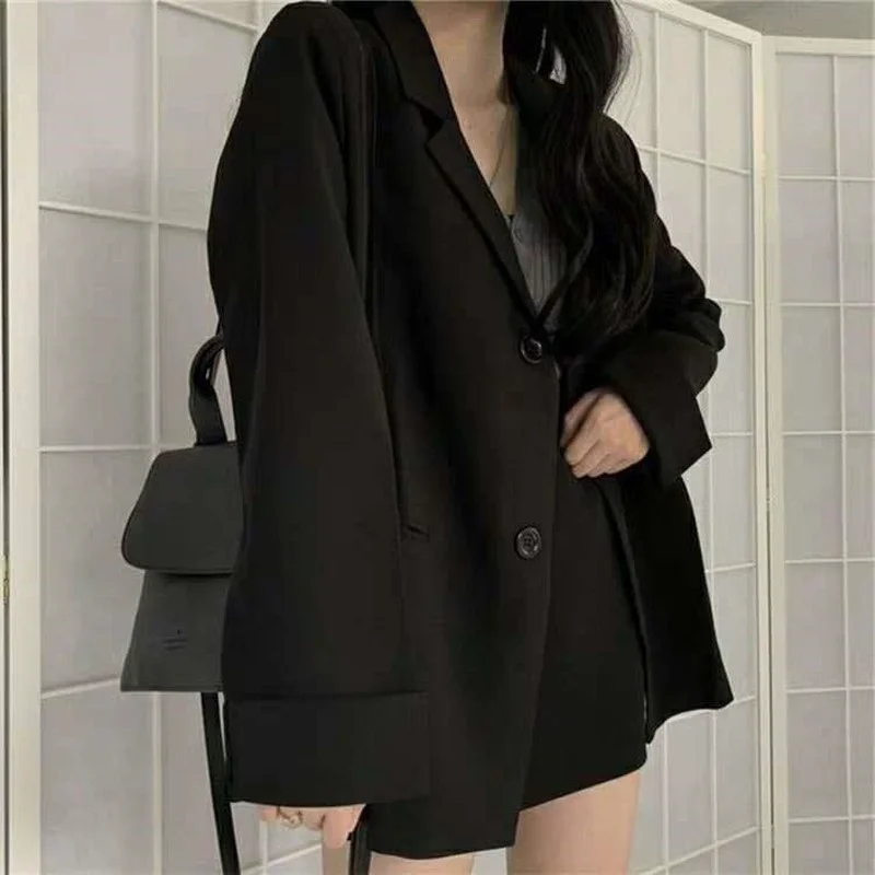 Black Formal Business Blazers Women Elegant Straight Oversize Spring Office Ladies England Style Retro Solid Long Sleeve Tops | Женская