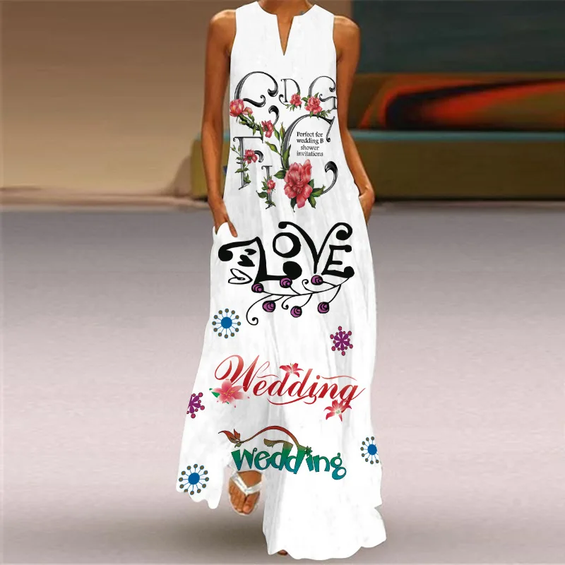 

Lugentolo Vintage Print Dress Women Summer Fashion Plus Size V-neck Sexy Sleeveless Dress Loose A-line Long Dresses