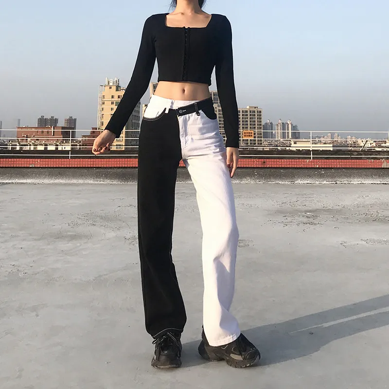 

Women Denim Pants Black White Color 2021 Grils Trousers Ladies Wide Leg SweatPants Harajuku Streetwear Korean Casual Pant Jeans