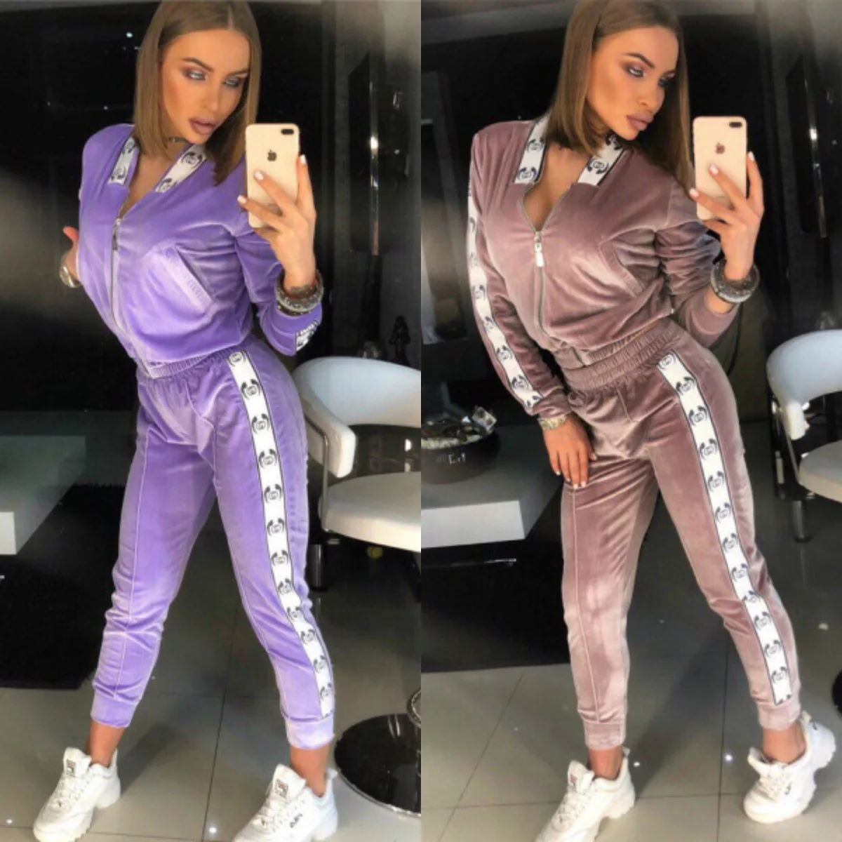 

Fashion Women's Suit Spring Casual V-neck Zipper Stitching Street Style Regular Trousers Two-piece Suit Elastic Waist Donsignet