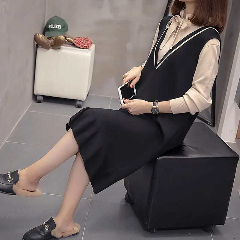 Женское трикотажное платье свитер с длинным рукавом свободного покроя|Женские