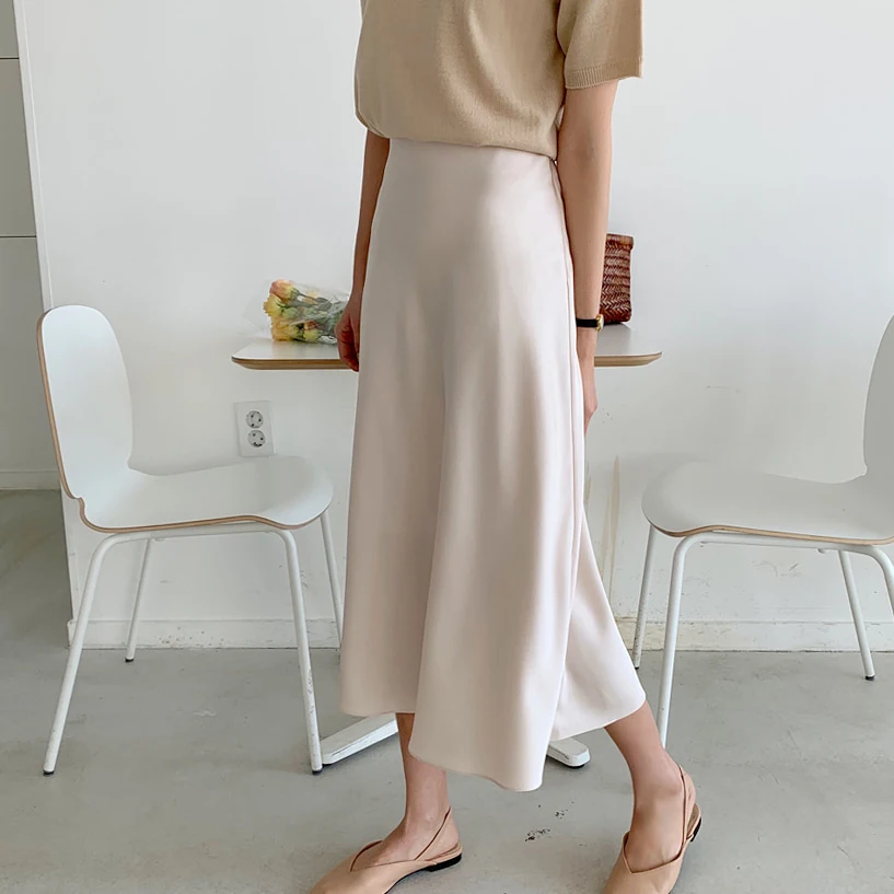 

New 2020 Spring Summer Vintage Women Solid Skirt Casual High Waist A-Line Satin Mid-Calf Skirts Female Elegant Office Lady Skirt