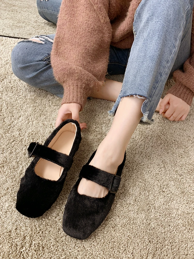 EOEODOIT Autumn Ballet Flats Shoes Casual Fur Shoes Square Toe Retro Fashion Women Lady Elegance Flat Heel Shoes