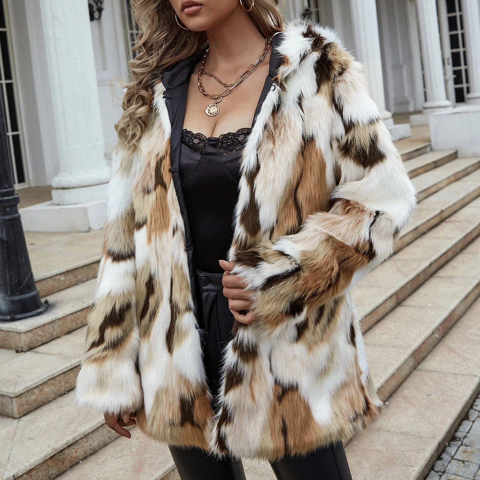 Женский длинный кардиган с капюшоном зимняя теплая куртка искусственным мехом |
