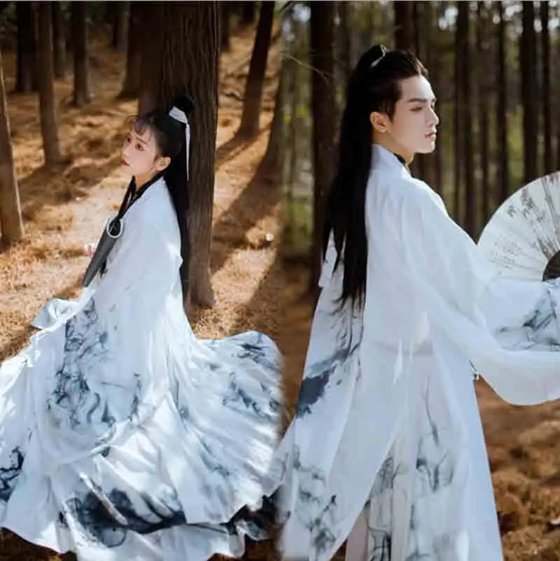 

Белое китайское традиционное платье Hanfu для пар, взрослый костюм для косплея, костюм для вечеринки, белый костюм Hanfu для мужчин и женщин, боль...