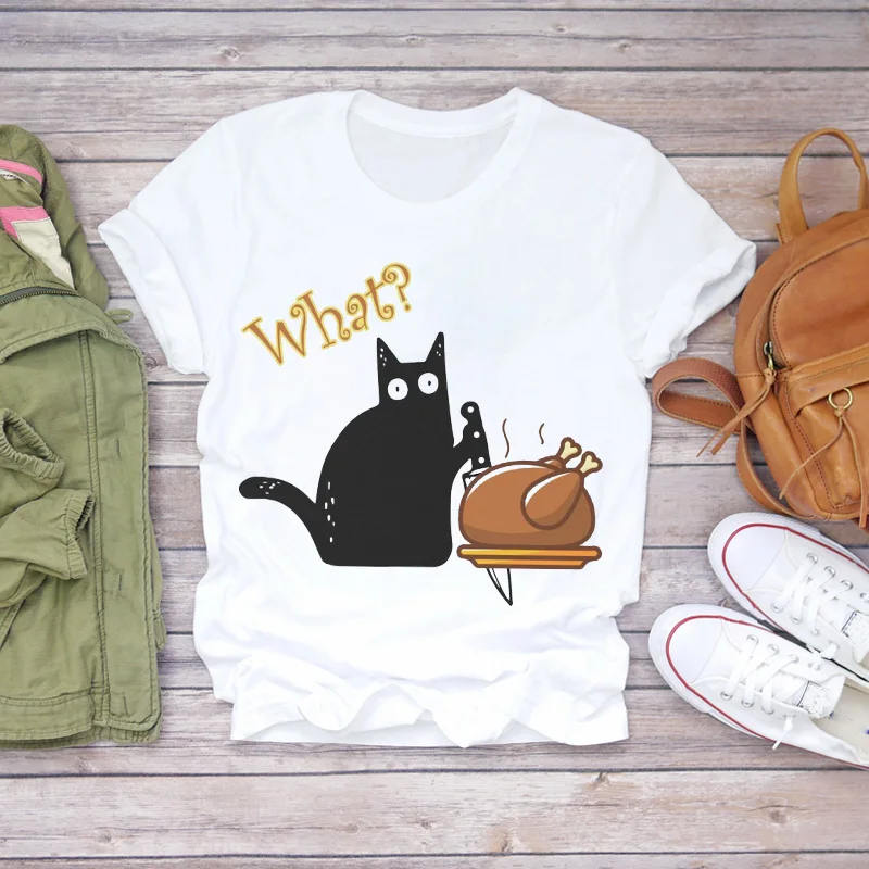 

2021 Fashion Halloween Print Ladies T-Shirt 90s Coffee Fun Cartoon Cat Top T Graphic Female Ladies Womens Tee T-Shirt