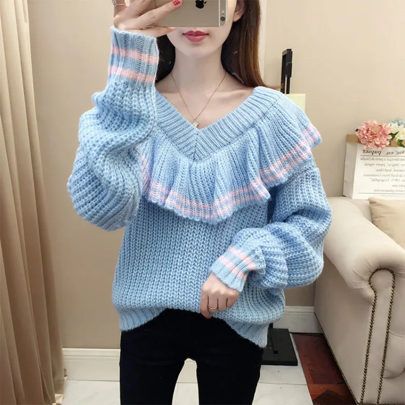 

2021 Autumn Winter Women Knitted Pullover Jumpers Chic V-Neck Thick Warm Long Sleeve Female Sweater Tops Y297