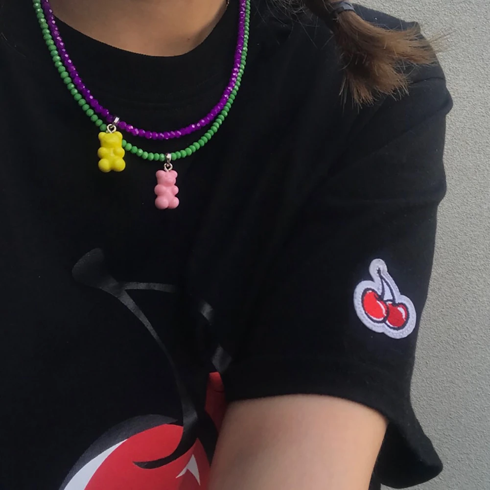 

JUST FEEL New Cute Gummy Bear Beaded Necklace for Women Girls Resin Cartoon Bear Charm Glass Beads Chain Necklace Jewelry Gift