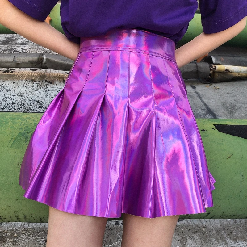 

2021 Women Summer PU Solid Hight Waist Harajuku Casual Sexy Laser Holographic Fashion Micro Mini Short JK Skirts Pleated Skirts