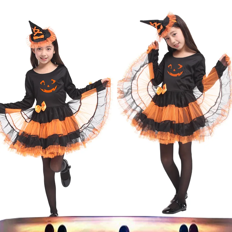 

Kids Girls Pumpkin Witch Orange Dresses Hat Outfit Halloween Cosplay Costumes Masquerade Carnival Party Role Play Dress Up Suit