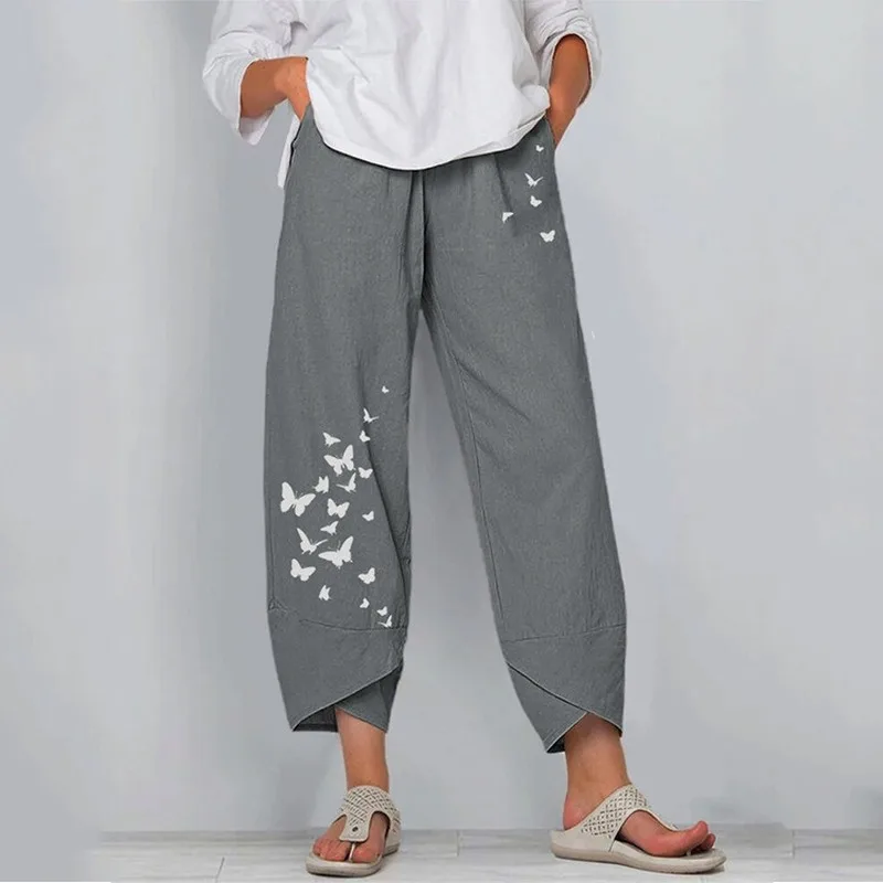 

Vintage Cotton and Linen Ninth Pants Women's Summer Trousers Casual Elastic Waist Asymmetrical Pantalon Female Plus Size Pants