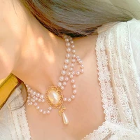 new vintage palace style double layers pearl choker necklace for women elegant flower bowknot pendant wedding necklace jewelry