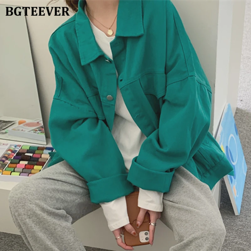 

BGTEEVER Casual Turn-down Collar Loose Women Denim Jackets Long Sleeve Pockets Single-breasted Female Jeans Coats 2021 Autumn