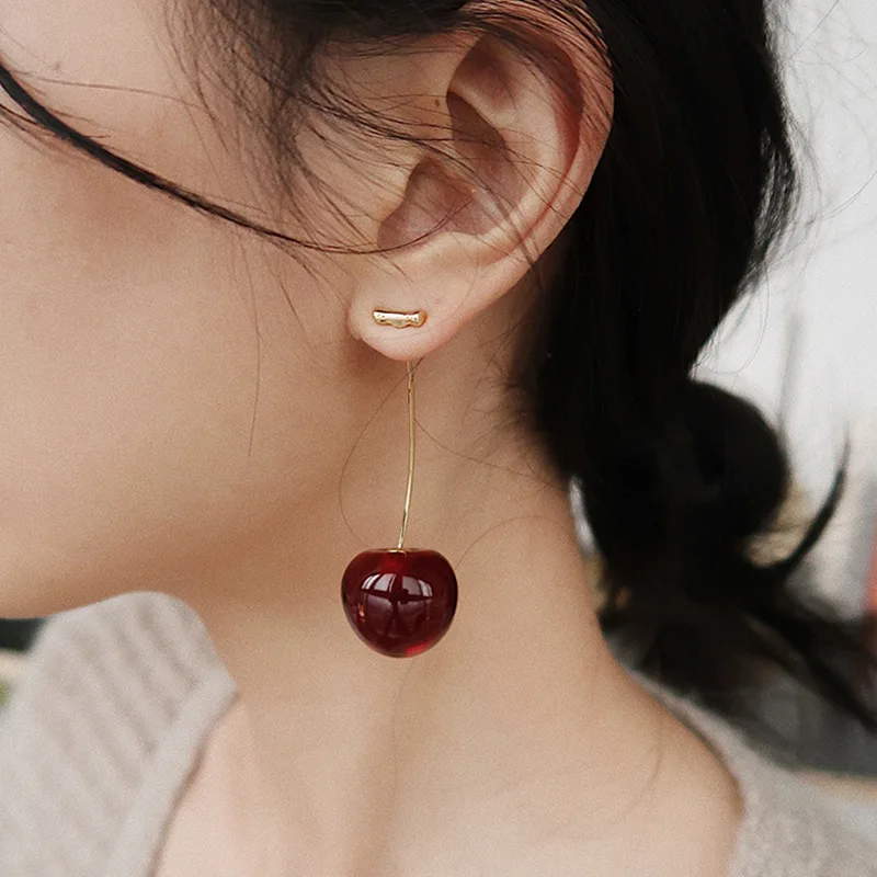 Aomu 2021 Korea Japan New Fashion Cherry Fruit Drop Shaped Earrings Women Sweet Girl Cute Earrings Jewelry Gift