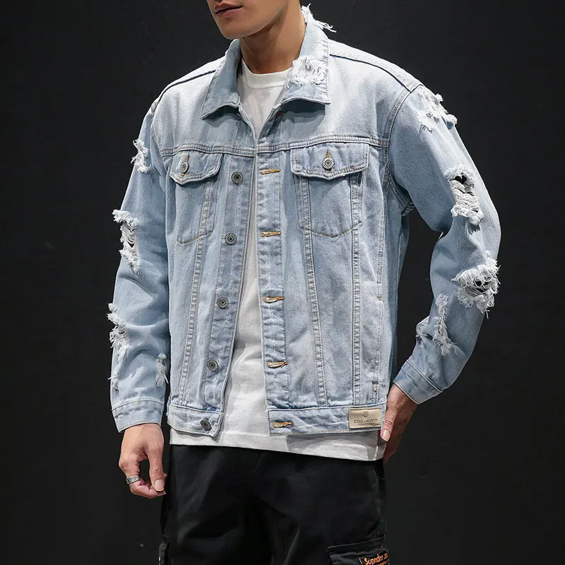 Мужская джинсовая куртка в стиле хип-хоп серая синяя рваная куртка-пилот