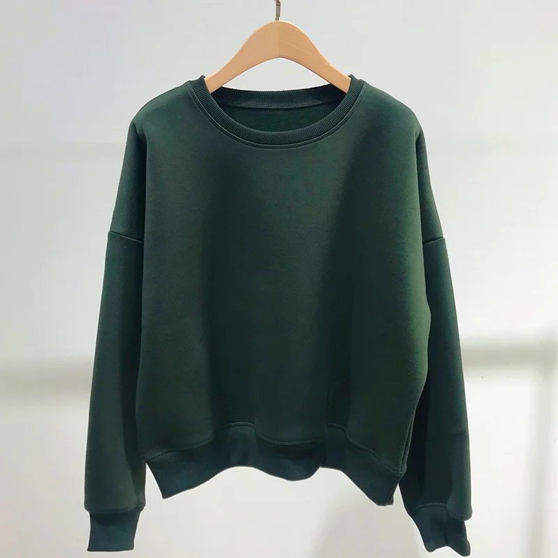 

Hoodie Winter Women Round Neck Thin Sweater Plus Fleece Solid Color Sweater New Simple Warm All-match