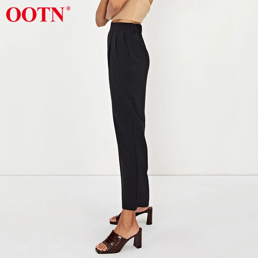 

OOTN Elastic High Waist Long Pants For Women 2021 Pleated Loose Office Lady Trousers Ladies Solid Casual Wide Leg Pants Black
