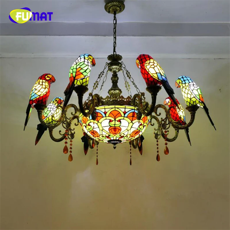 Goedkoop Fumat Tiffany Kroonluchters Led Glas In Lood Papegaai E27 Hanglamp Orchidee Rose Bloem Luxe Opknoping Lichtpunt Loft Decor Lamp