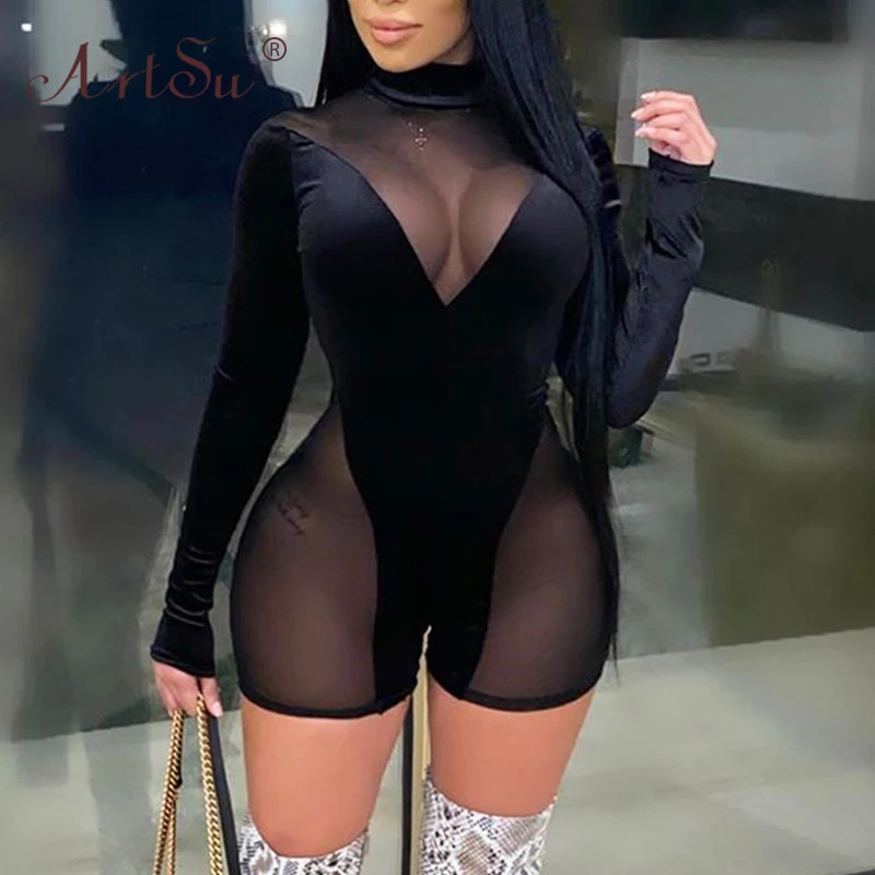 

ArtSu Black Sexy Playsuit Patchwork Velvet Mesh See Through Bodycon Jumpsuit Women Long Sleeve Club Outfits Playsuits Streetwear