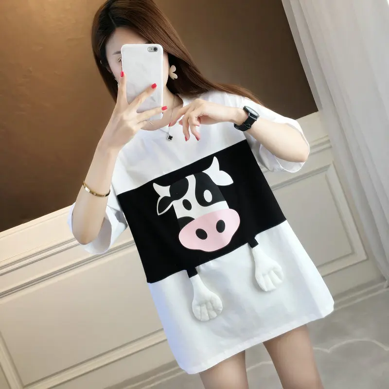 

#1198 Summer Blue Pink White Red Casual T-shirt Women Cotton Spliced Color 3D Animal Printed T Shirts Female Loose Korean Style