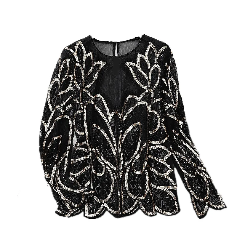

Vintage Beading Sequins Blouse Tops Women O-neck Full Sleeve Sexy Clothing