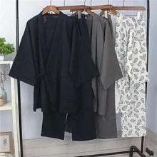 Хлопковое японское кимоно, одежда для сна для самураев, мужские топы Haori+ штаны, комплект одежды, традиционная Мужская пижама-кимоно, ночная рубашка Jinbei