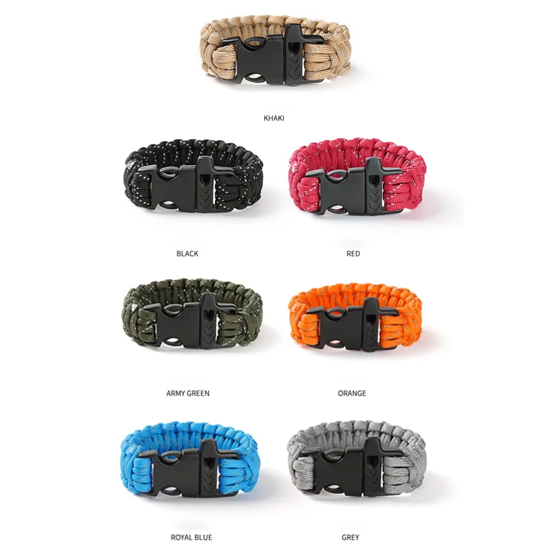 24.5cm Nine Core Reflective Paracord Escape Emergency Glowing Plaited Rope EDC Survival Saving Bracelet with Whistle Tools