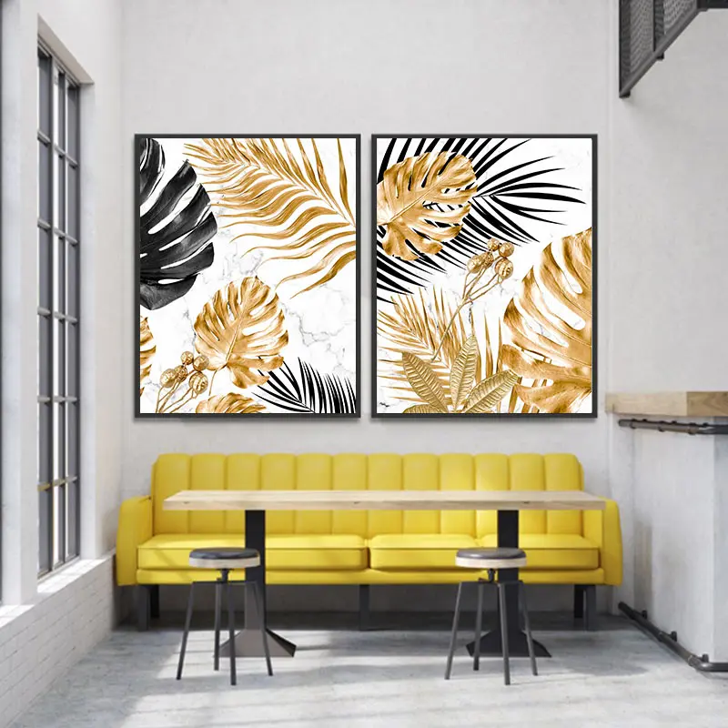 Скандинавский постер с золотыми листьями на холсте абстрактный изображением