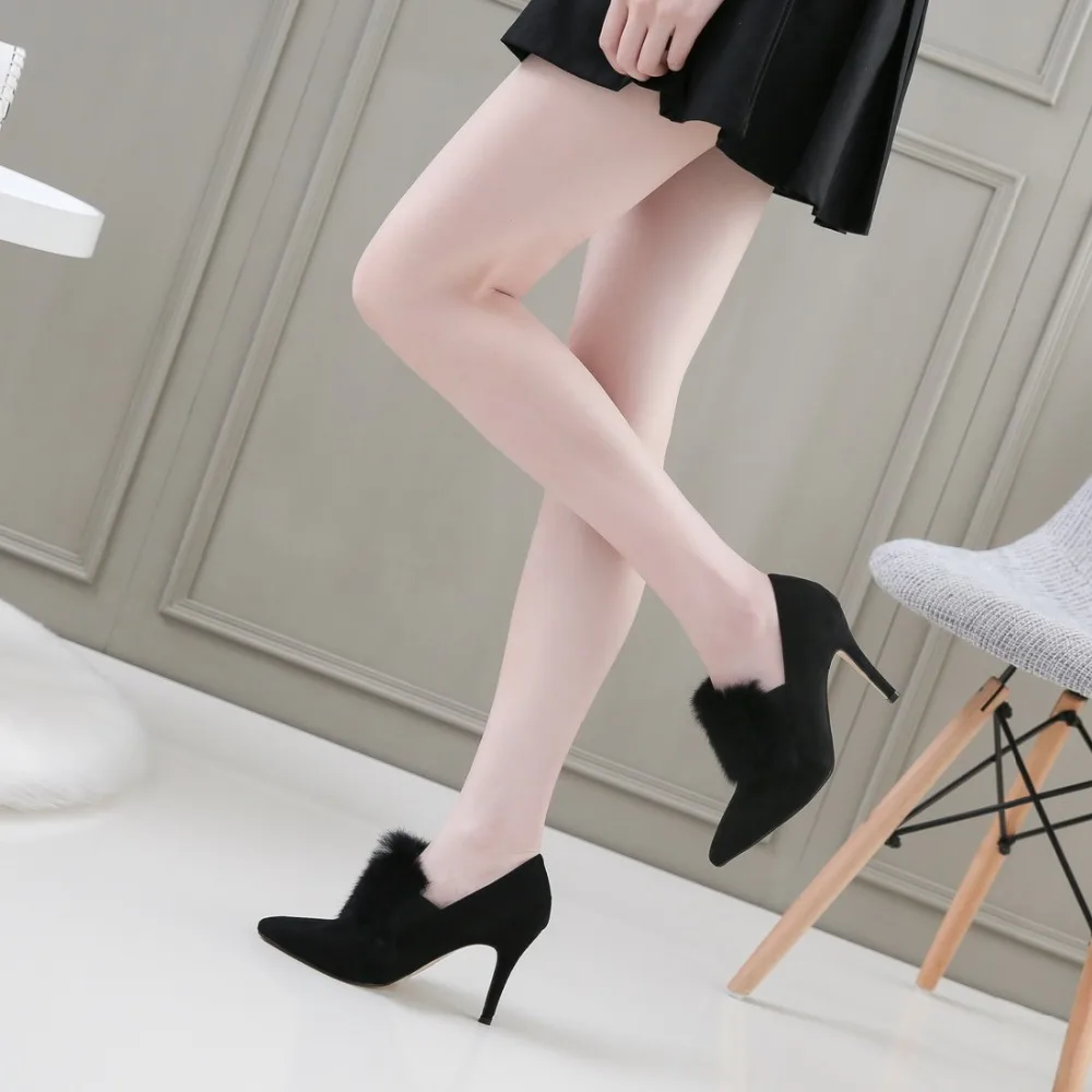 

VICONE Women Winter Flock Pointed Toe Fur Party Mature Fashion Heels V10133