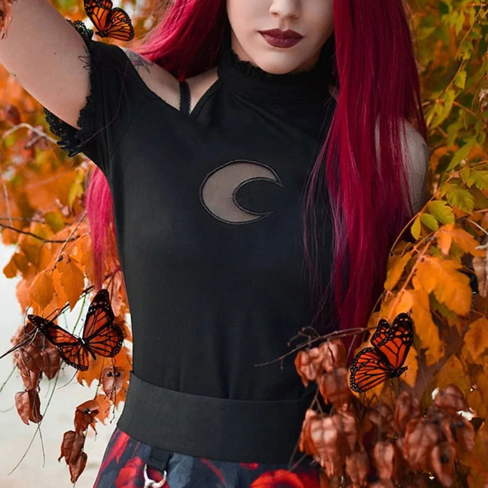 Off Shoulder Black Halter T-shirts Women Tops Gothic Punk Moon Hollow Out Bodycon Female Backless Cotton Sexy Tee | Женская одежда