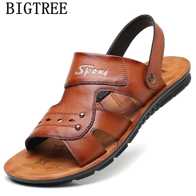 Beach Slippers Men Leather Sandals Genuine Mens Summer Shoes Fashion Big Size 47 Outdoor Slides | Обувь