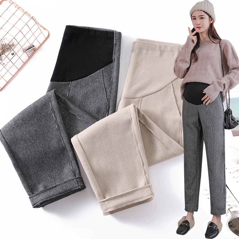 

318# Winter Thicken Warm Woolen Maternity Straight Pants Wide Leg Loose Belly Pants Clothes for Pregnant Women Casual Pregnancy