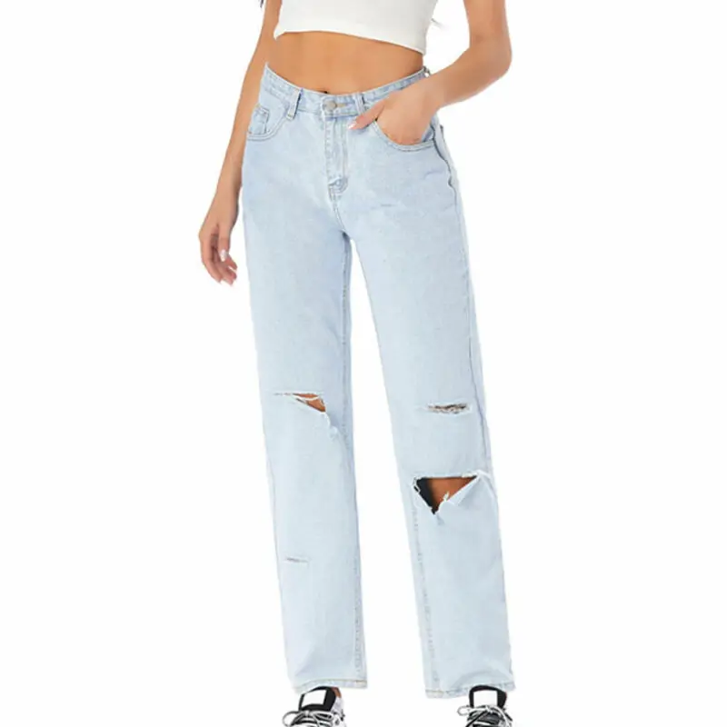

Straight Leg Denim Pants Women's Clothing Ripped Stretchy Jeans Voguen Ladies Trousers Women Jeans