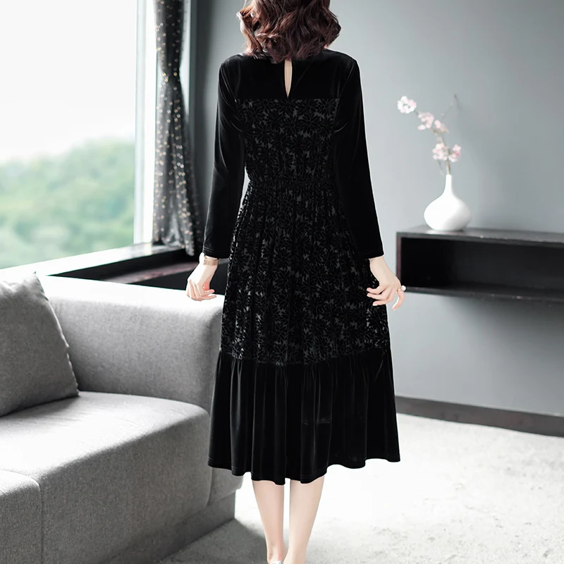 

2021 Spring Fall Women Dobby Velvet Flower Elegant Black Dress , Woman Clothes Full Sleeve Velour Dresses
