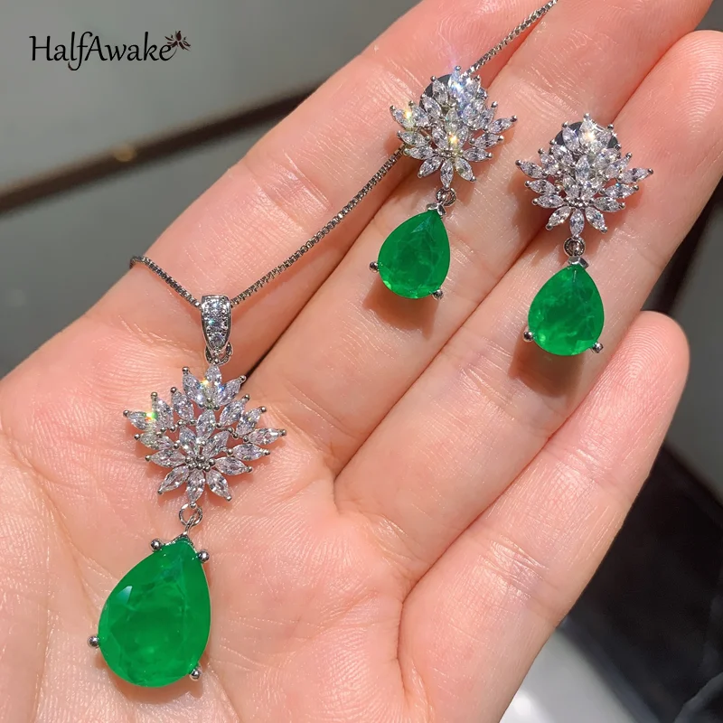 

Water Drop Elegant 925 Silver Chains With Emerald Pendants Charm Emerald Earrings for Women Jewelry Sets Wedding Engagement Gift