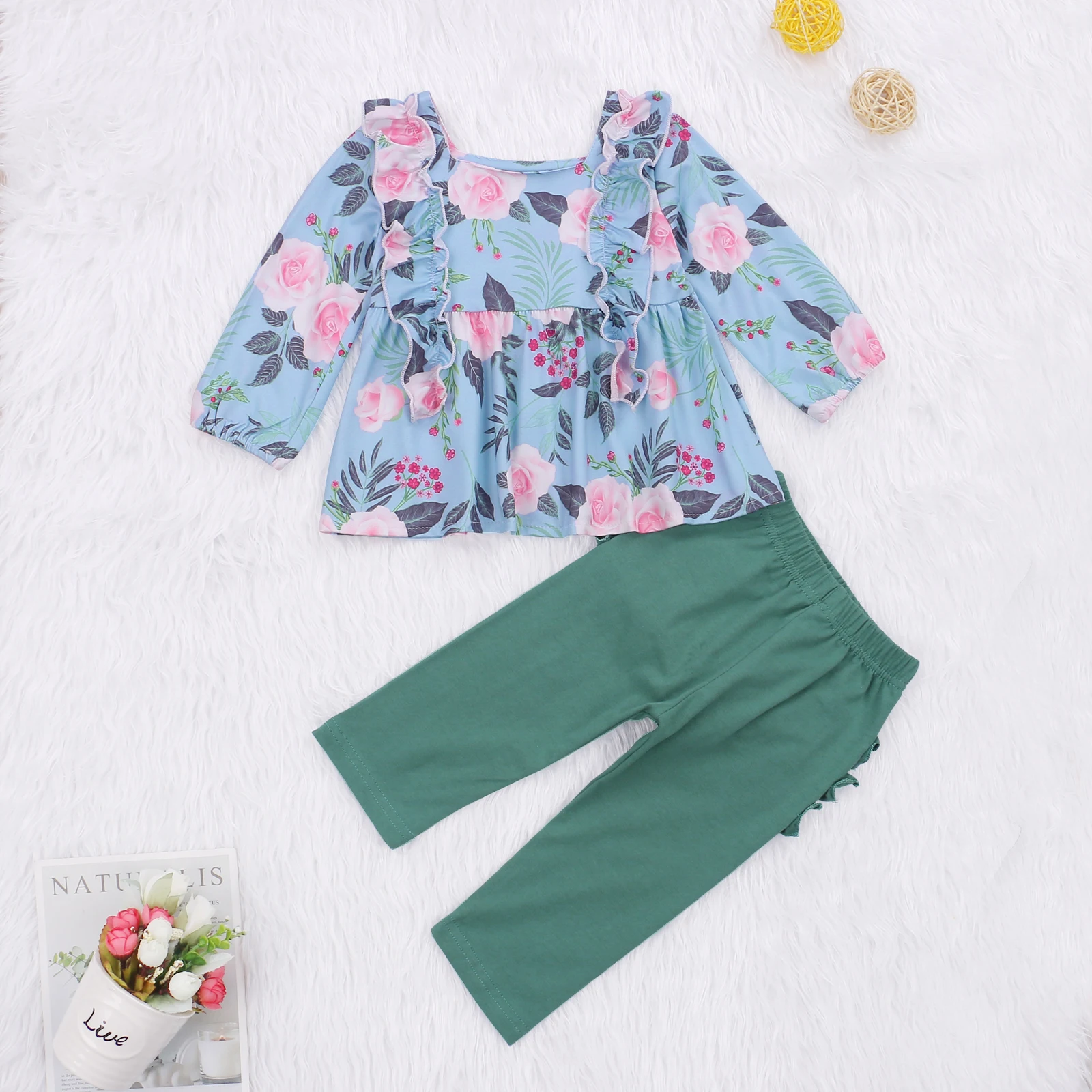 

2020 New Autumn Winter 12M-5Y Toddler Baby Girl 2Pcs Set Floral Print Dress-Style Ruffled Long Sleeve Top+Back Ruffled Pants