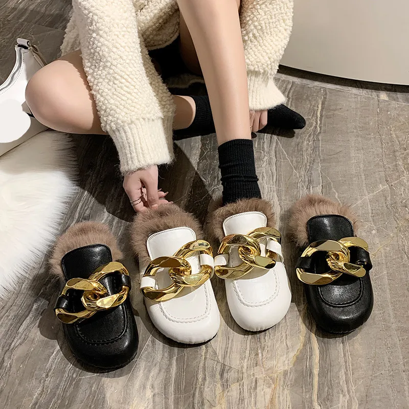 

Low Shoes Slippers Casual Slipers Women Cover Toe Loafers Slides Female Mule Luxury Flat 2021 Mules Basic PU Rome Short Plush Ru