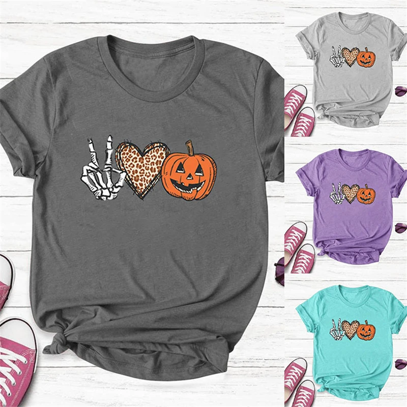 Ladies T-shirt Spring/Summer Loose Cotton Round Neck Holiday Halloween Pumpkin Top Ladies Modern Skull Pumpkin Print