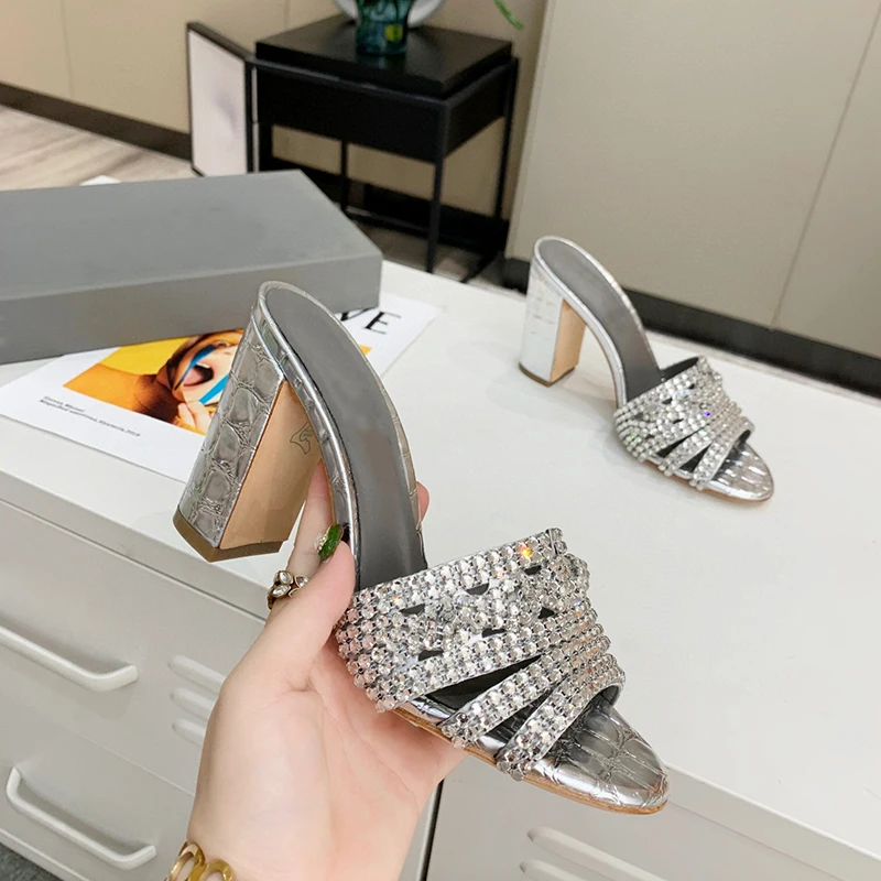 Женские мюли 2020 стразы туфли с открытым носком и кристаллами со стразами каблук 10