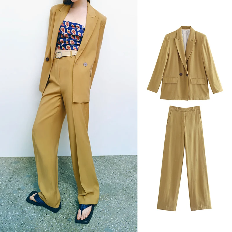 

Женский офисный костюм FANAN Za, винтажный элегантный костюм из двух предметов, двубортный блейзер цвета хаки, повседневные брюки с высокой тал...