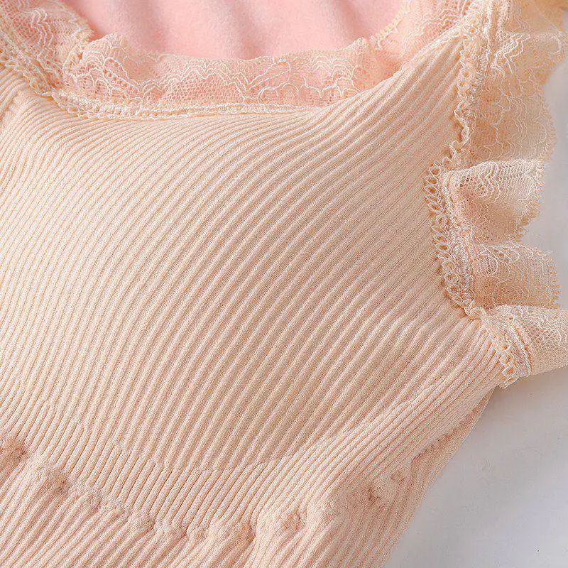 

Women Thermal Underwear Tops With Chest Pad Solid Bottoming Shirt Sexy Lace Warm Vest