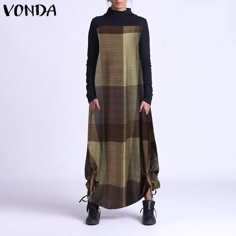 

Винтажное осеннее платье VONDA, женское лоскутное платье с длинным рукавом и высоким воротником, женская одежда, мешковатое богемное платье В...