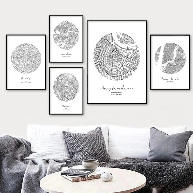 

Wall Art Abstract London New York City Map Canvas Painting Poster and Print Nordic Black White Pictures for Living Room Decor