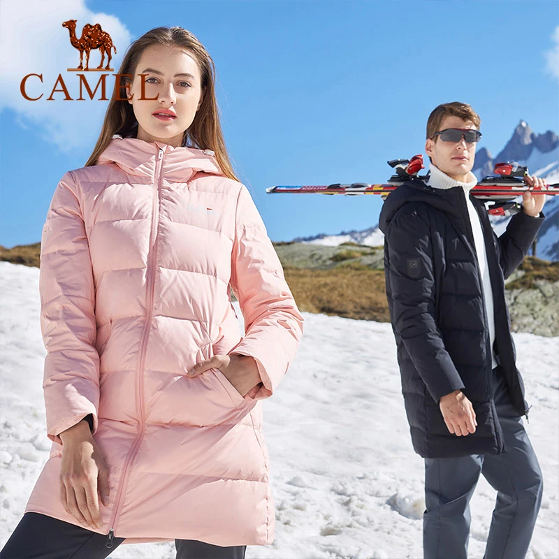 

CAMEL Official Women Men Outdoor Down Jacket Hooded Mid-length Winter Warm Thickened Sports Jackets Hiking Sking Clothing Unisex