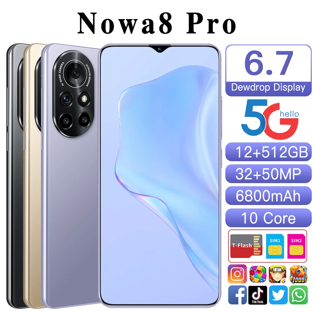 

Global Version Universal Nove8pro 6.7-inch Screen Android Smartphone 12GB+512GB MTK6889 10 Core Face ID Unlock Phone