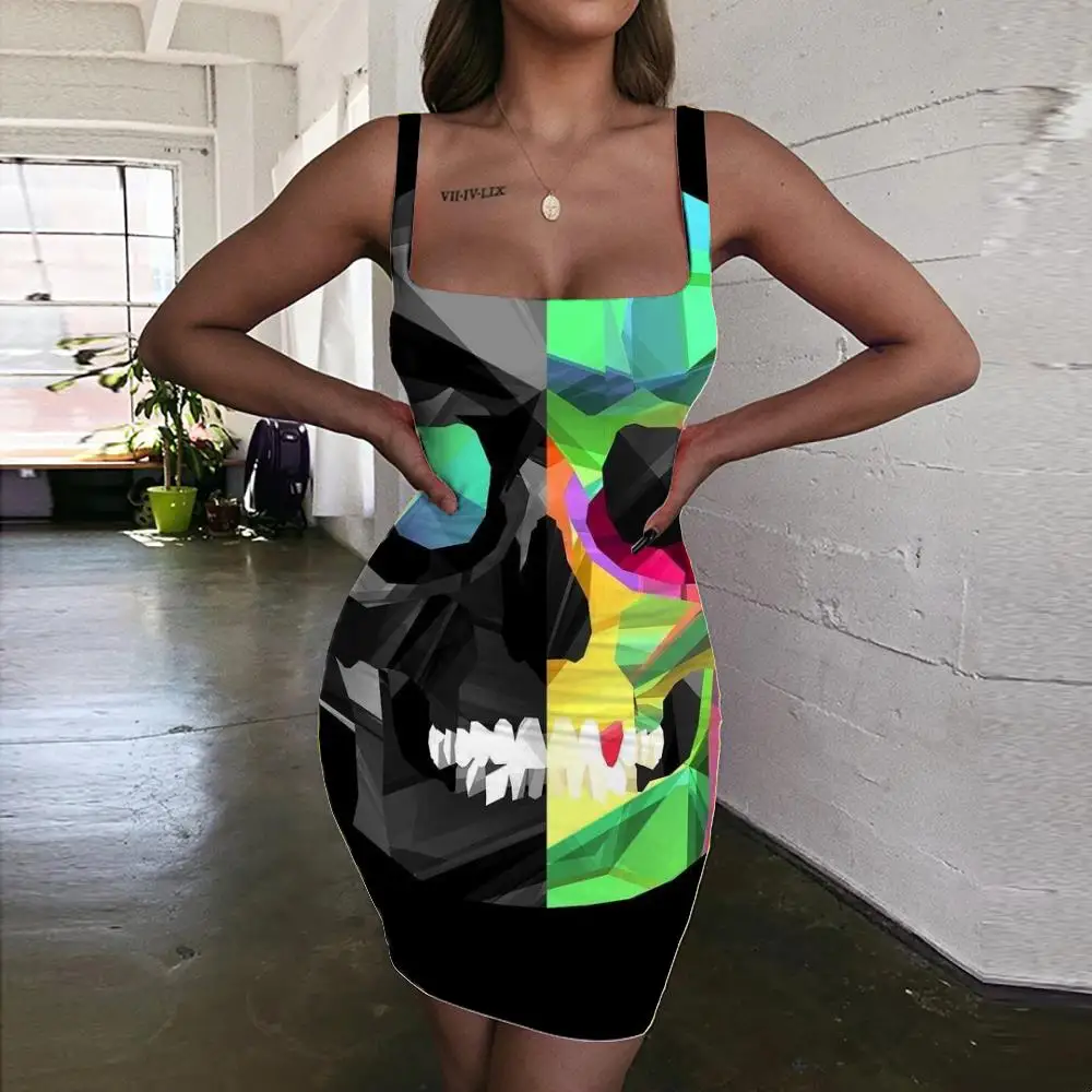 

Giyu Skull Dress Women Colorful Halter Sleeveless Hip Hop 3d Print Rock Vestido Sexy Womens Clothing Mini Evening Vintage