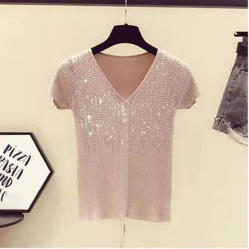 

2021 Summer New Short-sleeved Shirt White Tops Women Korean Fashion Ice Silk Shirt V-neck Blouse Sexy Slim Ladies Blusas 14653